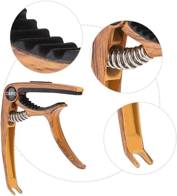 Cejilla Guitarra Capo 3 en 1 con Soporte para Púas y Puente Pin Puller, Cejillas para Guitarra Acústica y Eléctrica Bajo Ukelele Banjo Mandolina, Accesorios para Guitarra, Grano de Madera - Imagen 4