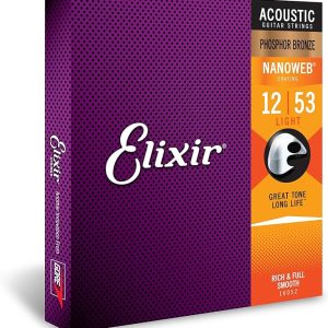 Elixir Cuerdas de guitarra acústica Elixir Strings de bronce fosforado con recubrimiento NANOWEB, calibre ligero, 1 Pack, Light (12-53)