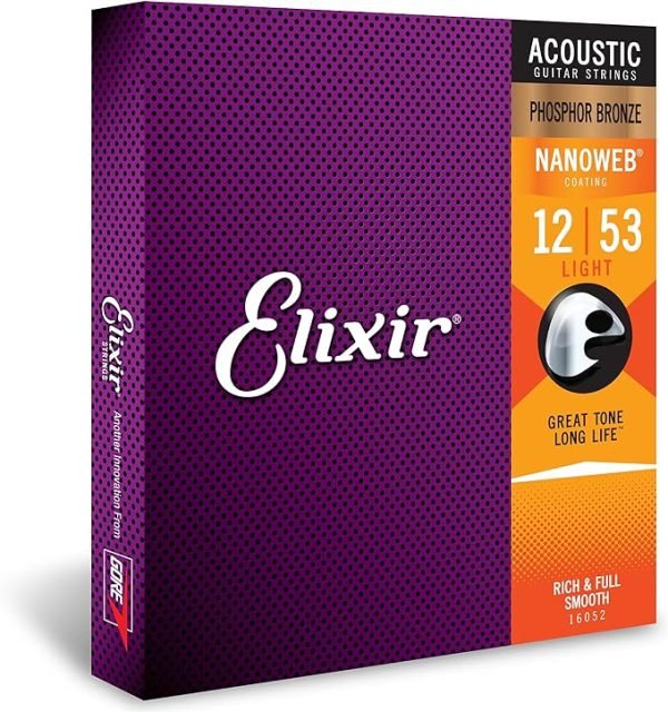 Elixir Cuerdas de guitarra acústica Elixir Strings de bronce fosforado con recubrimiento NANOWEB, calibre ligero, 1 Pack, Light (12-53)