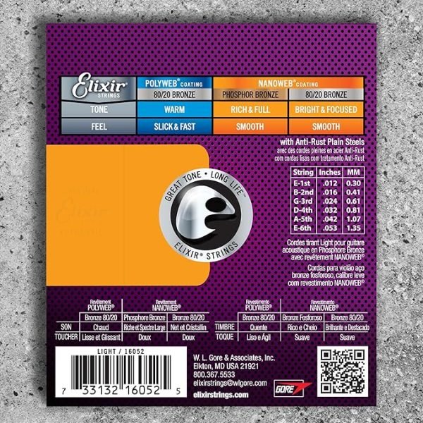 Elixir Cuerdas de guitarra acústica Elixir Strings de bronce fosforado con recubrimiento NANOWEB, calibre ligero, 1 Pack, Light (12-53) - Imagen 2