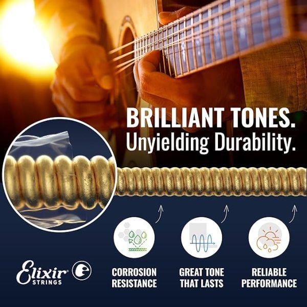 Elixir Cuerdas de guitarra acústica Elixir Strings de bronce fosforado con recubrimiento NANOWEB, calibre ligero, 1 Pack, Light (12-53) - Imagen 3