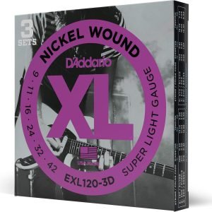 D'Addario EXL120-3D Cuerdas de Guitarra Eléctrica Bobinadas en Níquel, Súper Ligeras, 9-42, 3 Juegos, 9-42, Super Light, 3-Pack