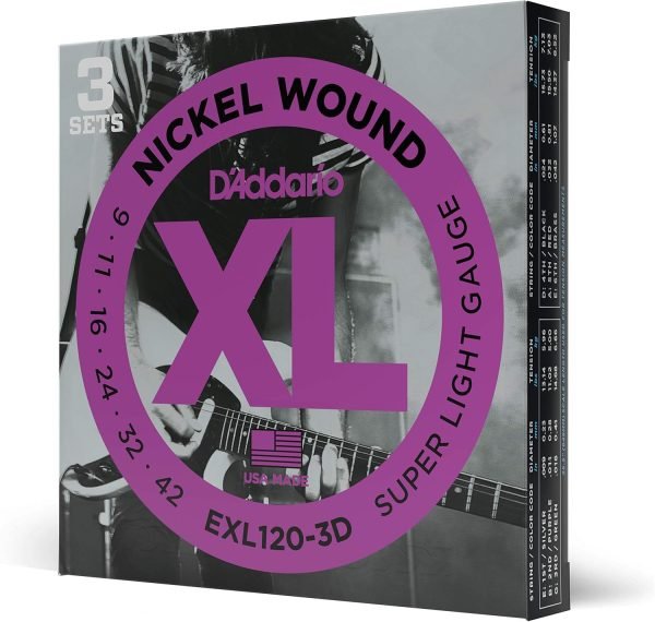 D'Addario EXL120-3D Cuerdas de Guitarra Eléctrica Bobinadas en Níquel, Súper Ligeras, 9-42, 3 Juegos, 9-42, Super Light, 3-Pack
