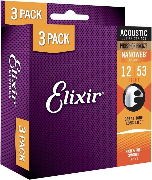 Elixir Nanoweb - Pack de 3 juegos de cuerdas para guitarras acústicas .012 - .053