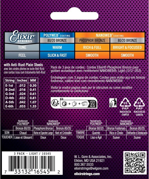 Elixir Nanoweb - Pack de 3 juegos de cuerdas para guitarras acústicas .012 - .053 - Imagen 2